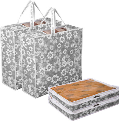 KUBER INDUSTRIES Saree & Underbed Storage Bag Combo Flower 2 Pieces 3 Inch Saree & 2 Pieces Blanket Cover Combo Set|Set of 4|Gray 82KM17136(Gray)