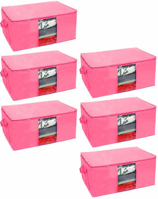 Sameer Enterprises Set of 6 Non Woven Underbed Storage Bag with Handles, Clear Window & Zipper Lock | Quilt, Comforter & Blanket Cover Organiser | Foldable Cloth Storage Closet Bag (65x47x33cm, Pink) Pack Of 6(Pink)