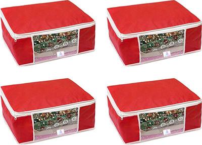 Craft Bazar Non Woven Fabric Saree Cover/ Clothes Organizer with Transparent Window & Zipper Closure | Pack of 4 Foldable Multipurpose Storage(Red)