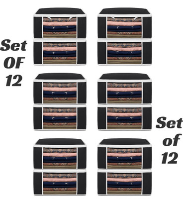 Star Weaves 12 pcs Non Woven Saree Cover/Clothes Organiser For Wardrobe Set Storage Bag with Front View Transparent Window And Zip For Lehenga, Suit, Dress, (Wedding Collection Gift) Premium Qulaity Garment Organizer Pack of 12, Black(Black)