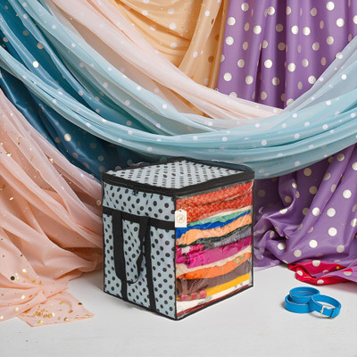 AMAK INC Polka Dot Non-Woven Saree Cover Organizer – 90 GSM Fabric, Transparent Front Window, Double Zipper & Sturdy Handles | Foldable Cloth Storage Box for Wardrobe (50L, Pack of 1) SFXL7773159842693(Black, White)