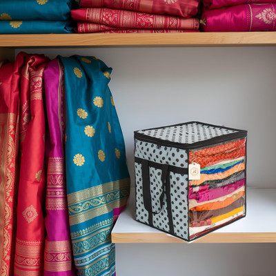AMAK INC Polka Dot Non-Woven Saree Cover Storage Box with Transparent Window & Dual Zipper | Foldable Cloth Organizer for Wardrobe (90 GSM, Large, Pack of 1 SFXC307 Luggage Cover(Non-Woven Fabric (90 GSM), White, Black)