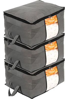 KUBER INDUSTRIES Underbed Storage Bag Non-Woven Lining Print Blanket Cover|Clothes Organizer With Transparent Window, Zipper Closure & Handle, Set of 3 (Gray, Extra Large)(Gray)
