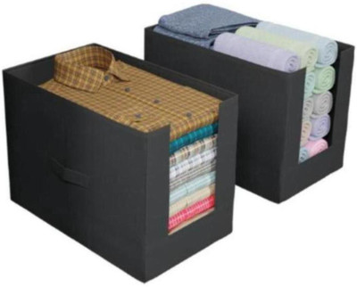 Anany Foldable Non-Woven Fabric Shirt Stacker Storage Box Organizer with Handle for Wardrobe, Closet, Underbed Use Durable, Dust-Proof, Stackable Cloth Storage Bin Set of 2(Black)