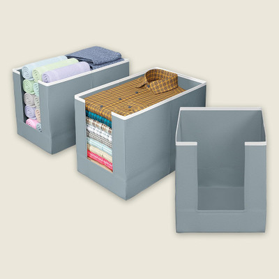 THAILIWALE Foldable Non-Woven Shirt Stacker Organizer Box Front Open Cloth Storage Box / Cupboard Organizer for Clothes Wardrobe Organizer Grey Box ST-3 (Pack of 3)(Grey)