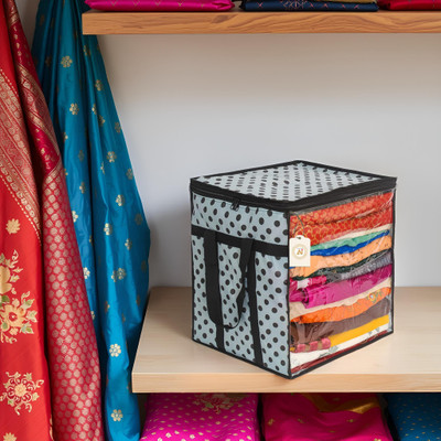 AARON INC Polka Dot Non-Woven Saree Cover Organizer – 90 GSM Fabric, Transparent Front Window, Double Zipper & Sturdy Handles | Foldable Cloth Storage Box for Wardrobe (50L, Pack of 1) SFXL7773159842866(Black, White)