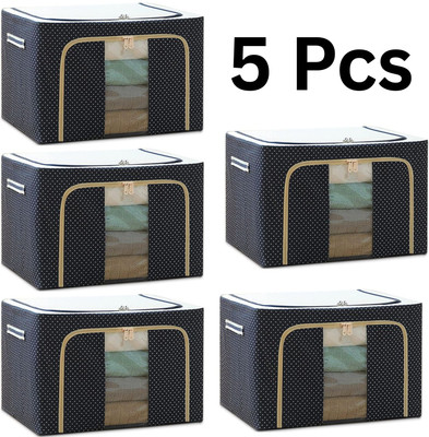 PRO99S 66 Liter Pack Of 5 Non-Woven Storage Box And Organiser 66 Liter Wardrobe Organizer Foldable Steel Frame Storage Organiser With Zipper With Clear Window & Handles Storage Bags For Clothes Large(Blue)