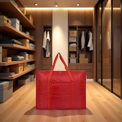 Ankit International Premium Satin Quilt Storage Bag for Blankets & Sarees | Large Foldable Organizer with Zip & Front Pocket | Travel Friendly | Pack of 01 AI-QSB-197(Red)