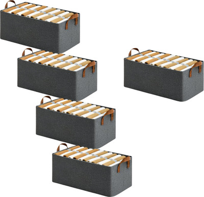 Vervita PACK OF 5 Wardrobe Organizer for Clothes with Metal Frame Rectangle Storage Baskets Fabric Storage Box with Handles Shelf Basket for Storage Clothes Pants Jeans(Grey)