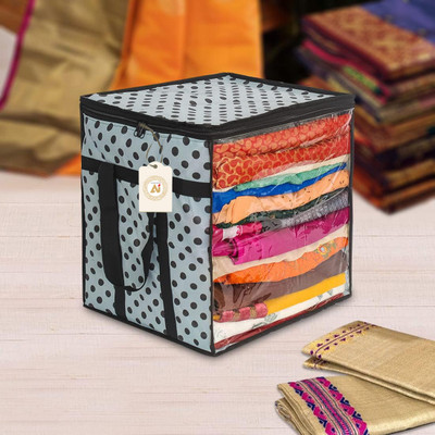 AMAK INC Polka Dot Non-Woven Saree Cover Organizer – 90 GSM Fabric, Transparent Front Window, Double Zipper & Sturdy Handles | Foldable Cloth Storage Box for Wardrobe (50L, Pack of 1) SFXL7773159842745(Black, White)