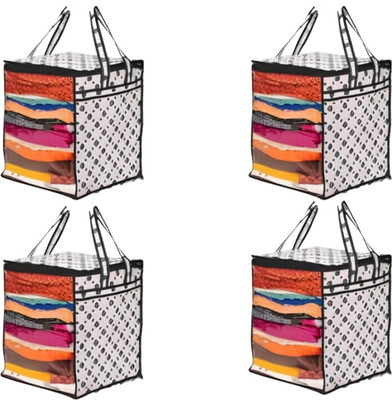 UjalaMultipack Saree Cover with Front Window and Side Handle and Side Handle |Stackable Clothes Storage Organizer PACK OF 04(BLACK DOT)