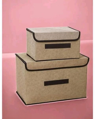 Camron Craft Set of 2 Non Woven Big and Small Foldable Space Saver Storage Box Wardrobe Closet Organizer Stackable Basket/ Bins with Lid & Front Handle for Clothes, Toys, Books(Beige & Brown)