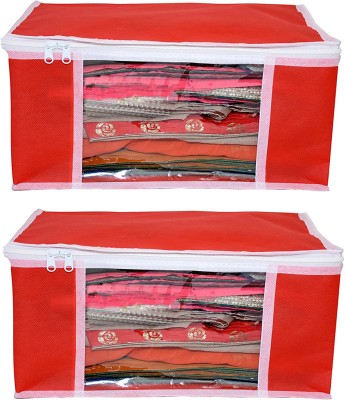 Home Organize Pack Of 2 Large Saree Cover Set / Clothes Storage Bag / Cloth Cover Bag With Transparent Window and Zip for Lehega , Dress ( Red Color ) HOLSARCOVRED(Red)