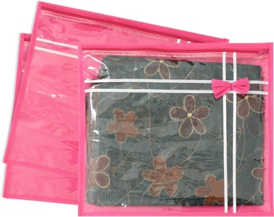 PrettyKrafts Storage Bag with zip set of 3 (Pink) Flower Design Top Transparent Single Saree Cover, set of 3 F1649_SC_Pink3(Pink)