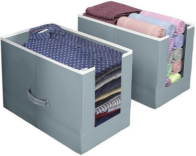 Hoomora Foldable Non-Woven Shirt Stacker Organizer Box / Shirt Stacker Cover Front Open Cloth Storage Box Wardrobe Shirt Organizer Storage Box (Pack of 2)(Grey)
