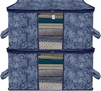 Heart Home Underbed Storage Bag Flower Print Underbed Storage Bag with View Window & Handle|Pack of 2|Navy Blue Cloth Storage(Navy Blue)