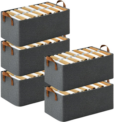 NESTIFY Clothes Organizer for Wardrobe 26LTR with Metal Frame Rectangle Storage Baskets for Clothing Fabric Storage Box with Handles Shelf Basket for Storage Clothes Pants Jeans Sweater ORGANIZER BOX Pack of 5(Grey)