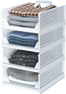 Kovea 4 Compartments plastic Multipurpose Foldable Storage Basket Wardrobe Organizers for Clothes (Pack of 4)(White)
