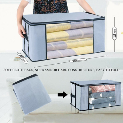 IMCREATIONS Non Woven Multipurpose Foldable Underbed Storage Bag Wardrobe Organisers Blanket Storage Bag for Comforter Blanket Cover Saree, Lehenga, Clothing, Large Transparent Window and Zip Closer 29(Grey)