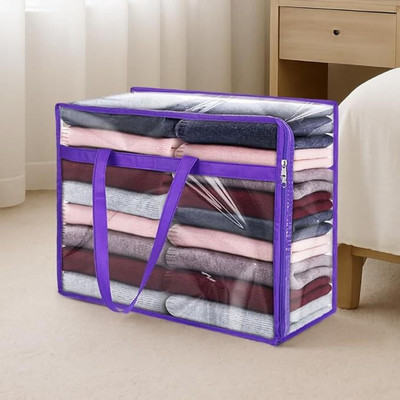 ASIFA Transparent PVC Storage Bag with Zipper and Handles 101_Foldable Organizer for Sarees, Blankets, Sweaters, & 101_Seasonal Clothes – Durable PVC Fabric with Purple Border Pack of 1(Purple)