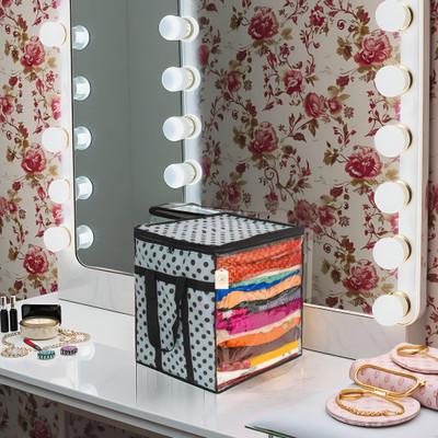 PRAHAN INTERNATIONAL Polka Dot Non-Woven Saree Cover Organizer – 90 GSM Fabric, Transparent Front Window, Double Zipper & Sturdy Handles | Foldable Cloth Storage Box for Wardrobe (50L, Pack of 1) SFXL7773159842857(Black, White)