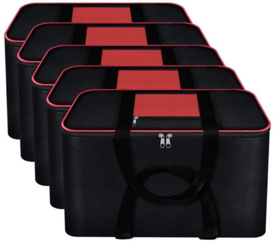 Mteaser Non Woven Moisture Proof Rectangular Big Underbed Clothes Storage Organizer Bag Foldable Blanket Cover with Zipper and Strong Handles for Travelling Set of 5(Black mix Red)