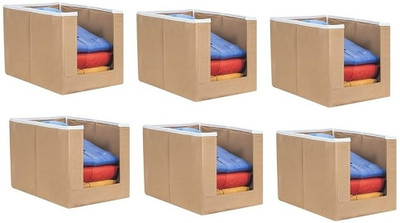 ZENCRAFT Open Front Non-Woven Fabric Shirt Stacker Organiser | Large Foldable Cloth Storage Box with Handle for Wardrobe T-Shirts, Shirts, Jeans, Sweaters, and More Combo of 6(Beige)