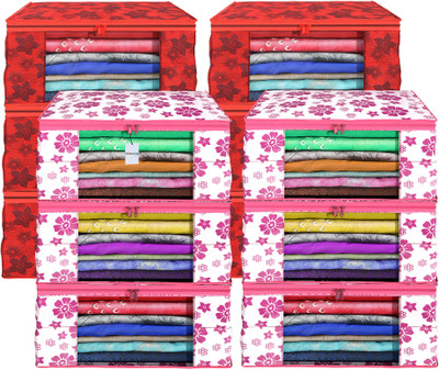 HOMESTIC by Kuber Industries Saree Cover (Pack of 12) Foldable 9 Inch Flower Print Non-Woven Saree Covers | Red & Pink Cloth Storage(Red & Pink)