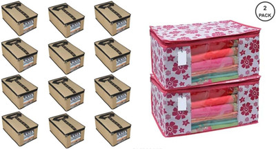 AQSA ENTERPRISE Floral Printed Saree Cover Storage Bag with Transparent Window | Foldable Clothes Organizer for Wardrobe | Non-Woven Fabric Saree/Cloth Pink Floral Print Saree Cover-P2_Tie Print Shirt Cover Beige-P12(Pink, Beige)