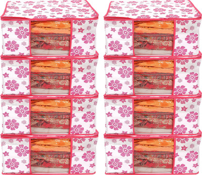 Vervita PACK OF 8 Cloth Storage Box Storage Organizer for Saree Non Wowen Material Storage Box for Clothes with Transparent Window and Zipper(Flower Pink)
