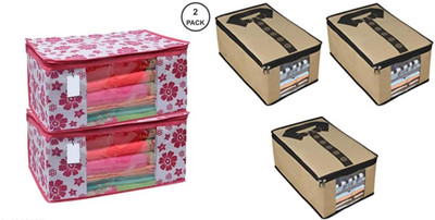 AQSA ENTERPRISE Floral Printed Saree Cover Storage Bag with Transparent Window | Foldable Clothes Organizer for Wardrobe | Non-Woven Fabric Saree/Cloth Pink Floral Print Saree Cover-P2_Tie Print Shirt Cover Beige-P3(Pink, Beige)