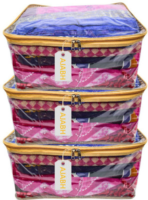 Ajabh Premium Quality Set Of 3 Transparent 9Inch Hight Saree Cover Garment Cover Bag | Multi Purpose Cloth Cover | Wardrobe Storage Organizer(Gold)