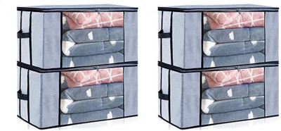AQSA ENTERPRISE Large Capacity Foldable Storage Bag with Transparent Window & Zipper | Non-Woven Organizer for Blanket, Sarees, Clothes, Comforters & Woolens | Breathable Fabric Storage Bag with Side Handles Combo of 4(Grey)