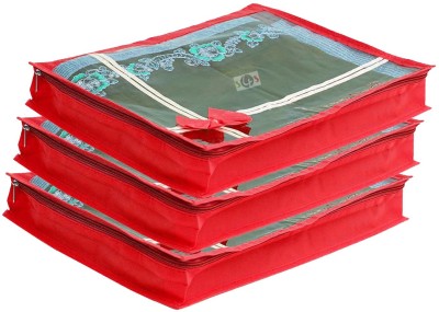S4S High Quality 80 GSM Transparent Top Stainless Steel Zip Non Woven Single Saree Cover/Wardrobe Organizer/Storage Bag Pack of 3 (17X13X3 INCH)(Red)