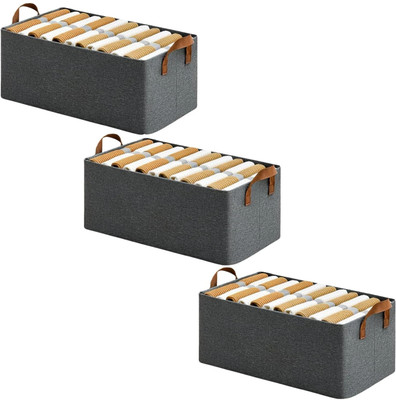 Vervita PACK OF 3 Wardrobe Organizer for Clothes with Metal Frame Rectangle Storage Baskets Storage Box with Handles Shelf Basket for Storage Clothes Pants Jeans Sweater(Grey)