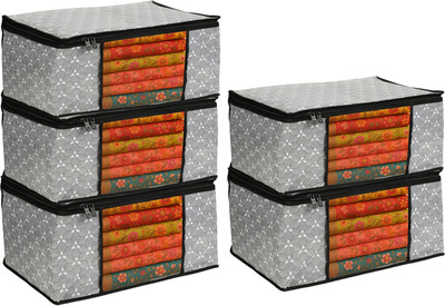 HOMIFY 5 pcs Non Woven Saree Cover/Clothes Organiser For Wardrobe Set Storage Bag Premium-Quality Trendy Saree Cover Storage Bag For Wardrobe Organizer with Front View Transparent Window And Zip For Lehenga, Suit, Dress(Grey)