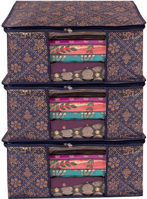 Ankit International cloth storage box Non-Woven Fabric Saree Cover Clothes Organiser with Transparent Window storage box for clothes Pack - 3BG(Blue, Gold)