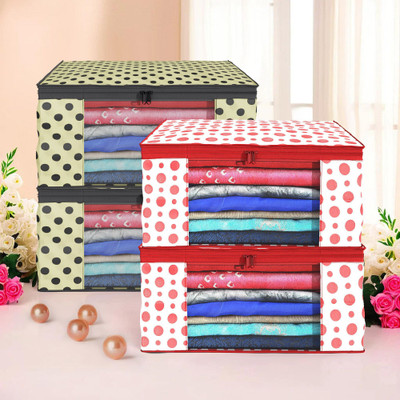 KUBER INDUSTRIES Saree Cover (Pack of 4) Foldable 9 Inch Polka Dot Non-Woven Saree Covers | Cream & Red Cloth Storage(Cream & Red)