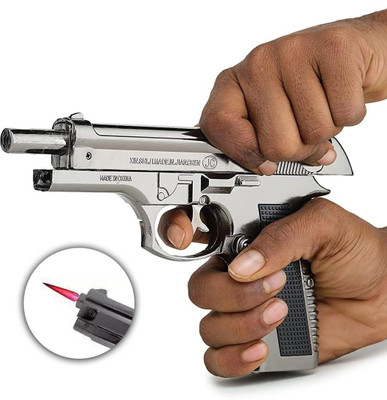BIKRIFY ™ 608 Heavy Metal Pistol Shape Barrel Pull Back System & Leather Holster Gun lighter| Jet Flame | Stainless Steel Body Pocket Lighter(Silver)