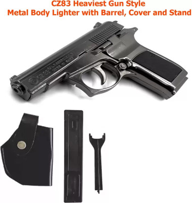 ZipFlame ® Z83 Metal Gun Shape Lighter Heaviest Gun Style Metal Body with Cover and Stand Steel Gas Lighter(Silver, Pack of 1)
