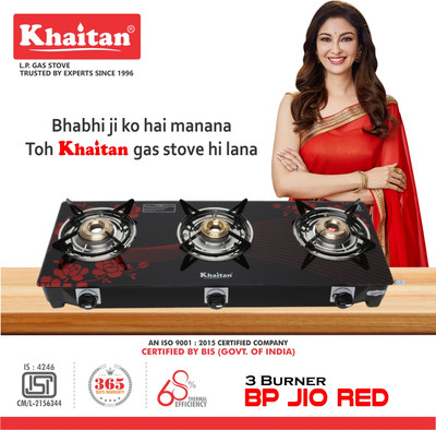 Khaitan 3 Burner BP Red Digital Toughend Glass Manual Gas Stove(3 Burners)