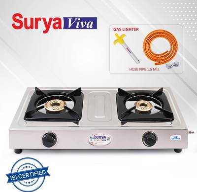 SURYAVIVA NEO 2B SS(Hose Pipe + Lighter) 2 Cast Iron Burner steel Gas Stove(Manual,silver) Stainless Steel Manual Gas Stove