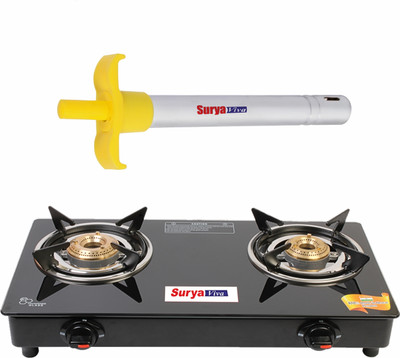 SURYAVIVA Photon 2B Combo with lighter 2 Cast Iron (Igniton,Black) Glass Manual Gas Stove Glass Manual Gas Stove(2 Burners)