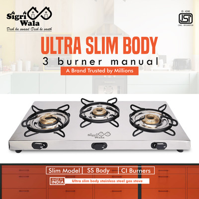 Sigri-wala Primecook Manual Ultra Slim SS Stainless Steel Manual Gas Stove(3 Burners)