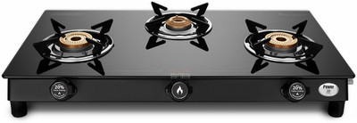 Preethi Bluflame Sparkle Power Duo Glass top 3 Open burner gas stove, Manual Ignition Glass Manual Gas Stove(3 Burners)