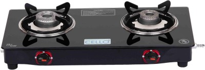cello Gem 2 Burner Black Manual Ignition LPG Glass Top Gas Stove, ISI Certified Glass Manual Gas Stove(2 Burners)