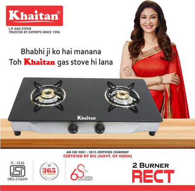 Khaitan RECT SS-Black (2-Burners) Glass Manual Gas Stove(2 Burners)
