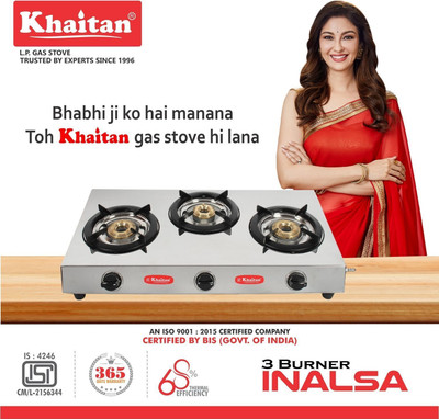 Khaitan Mini Magic Cute | High Efficiency Brass Burner | Compact Stainless Steel Manual Gas Stove(3 Burners)