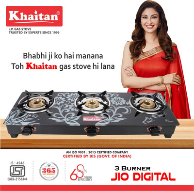 Khaitan byKhaitan 3 Burner BP Jio Digital MS Touhened ISI Marked Glass Manual Gas Stove(3 Burners)