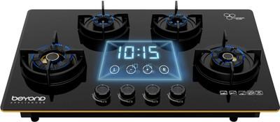 BEYOND BY BYONDNXT Dorado Premium Hobtop - Digital Timer FFD & Jumbo Brass Burner Stainless Steel, Glass Automatic Hob(4 Burners)